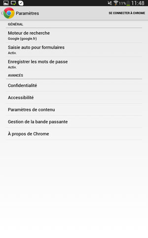 Paramètres de l'application Chrome sous Android