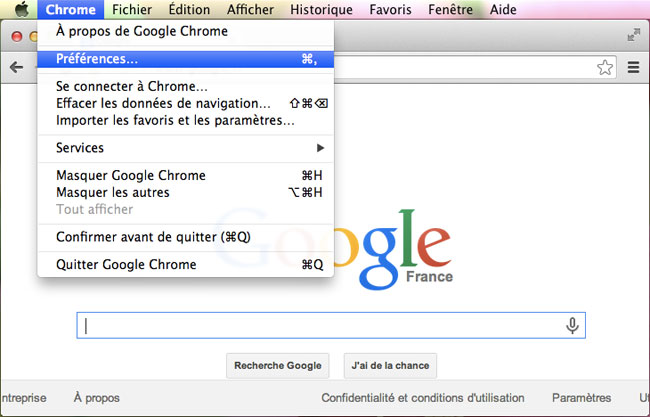 Ouvrir les Préférences de Chrome sous MAC