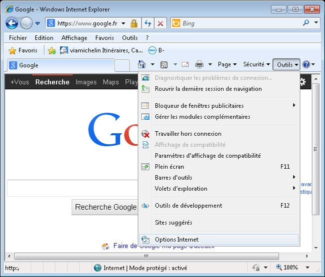 Ouvrir les Options Internet d'IE8 sous Windows
