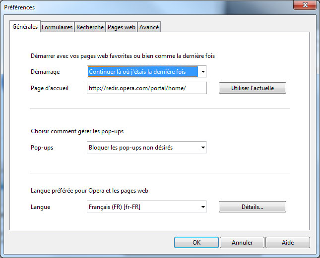 Onglet Général des Préférences d'Opera sous Windows