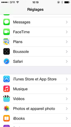 Choix Safari du menu principal de l'application Réglages de l'iPhone