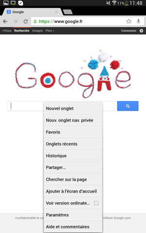 Menu de l'application Chrome sous Android