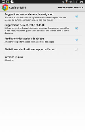 Menu Confidentialité de Chrome sous Android