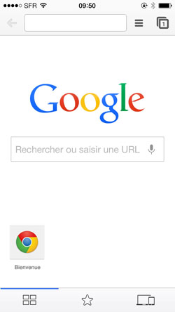 Ecran principal de l'application Chrome sur iPhone