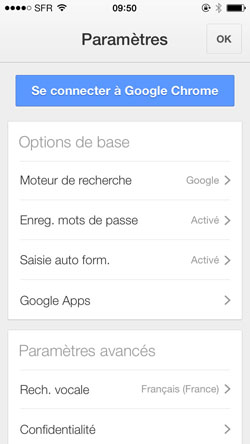 Panneau Paramètres de Chrome sur iPhone
