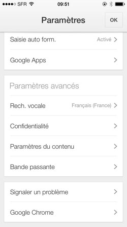 Ouvrir le menu Confidentialité des Préférences Chrome sur iPhone