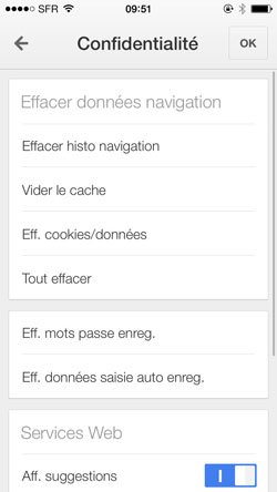 Option vider le cache de Chrome sur iPhone