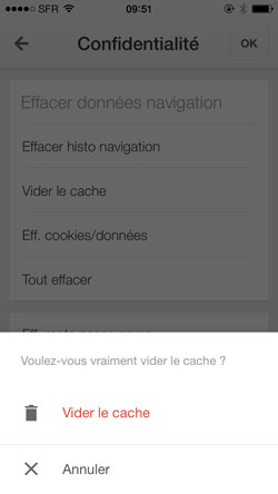 Confirmer la suppression du Cache de Chrome sur iPhone