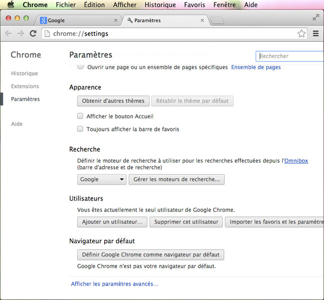 Panneau des Préférences de Chrome sous MAC