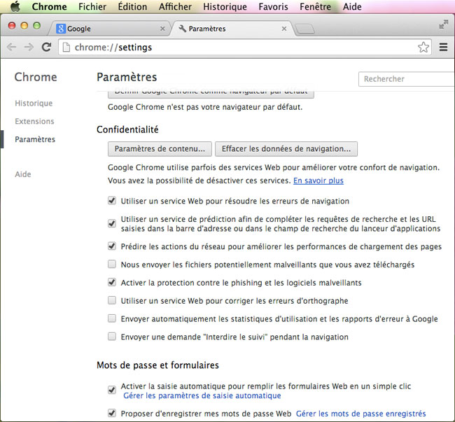 Encart Confidentialité de Chrome sous MAC