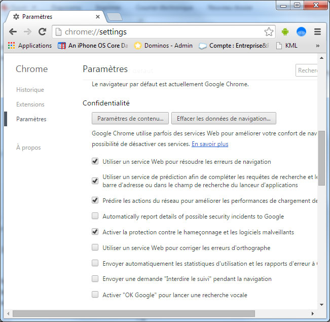 Encart confidentialité de Chrome sous Windows