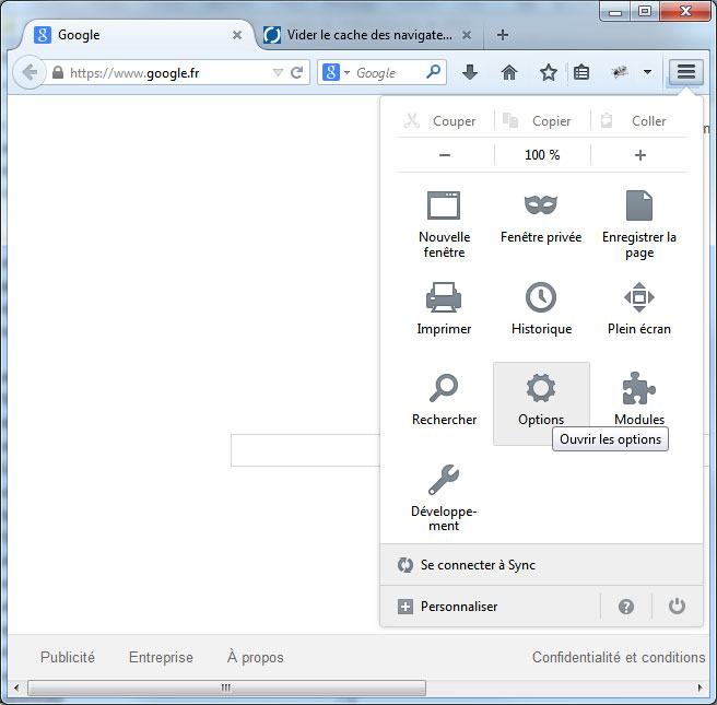 Ouvrir les Options de FireFox sous Windows