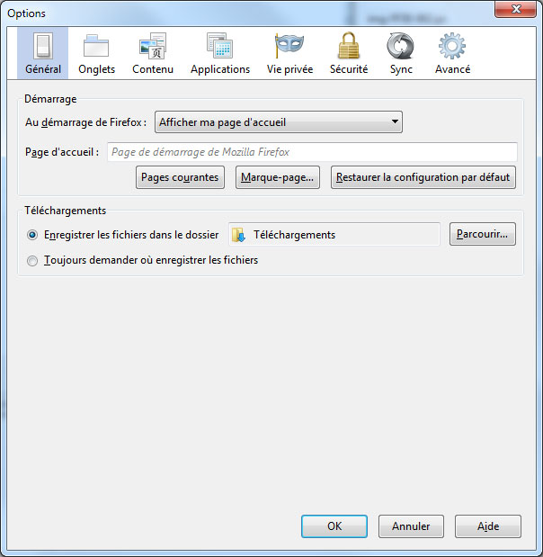 Onglet Général des Options FireFox sous Windows