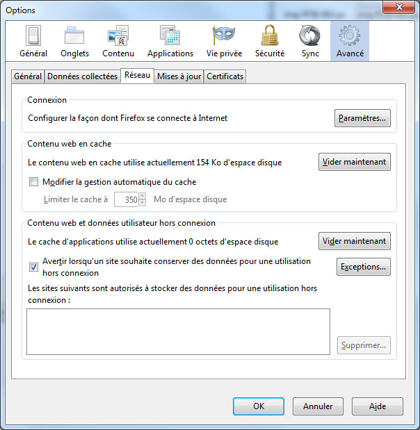 Onglet Avancé / Réseau de FireFox sous Windows