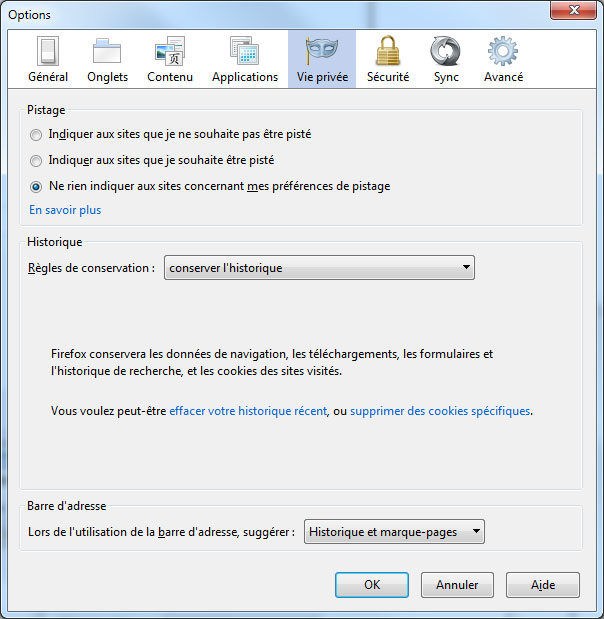 Onglet Vie privée de FireFox sous Windows