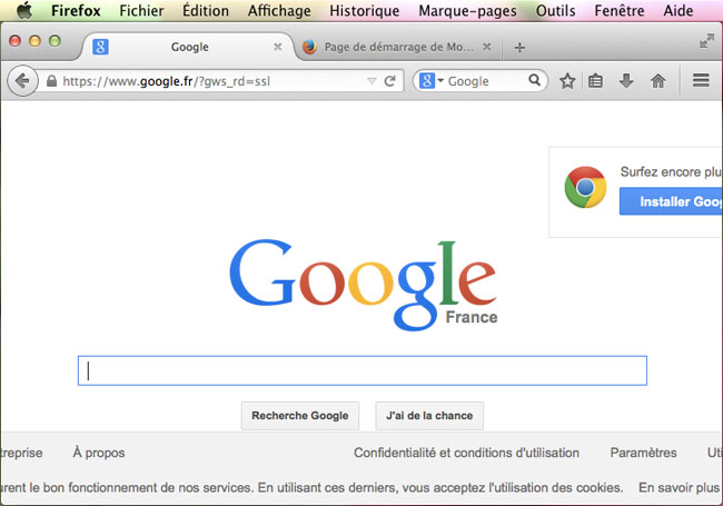 Fenêtre principale du navigateur FireFox sous MAC