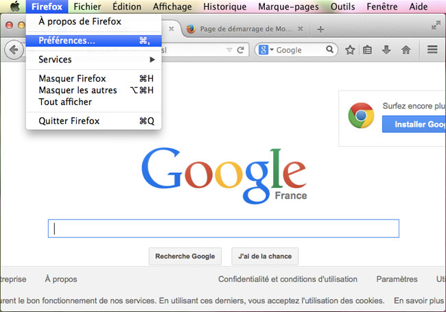 Ouvrir les préférences de FireFox sous MAC