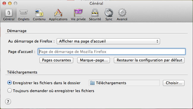 Onglet Général des Préférences de FireFox sous MAC