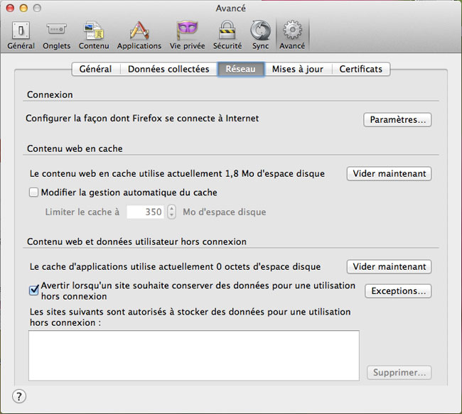 Onglet Avancé / Réseau de FireFox sous MAC