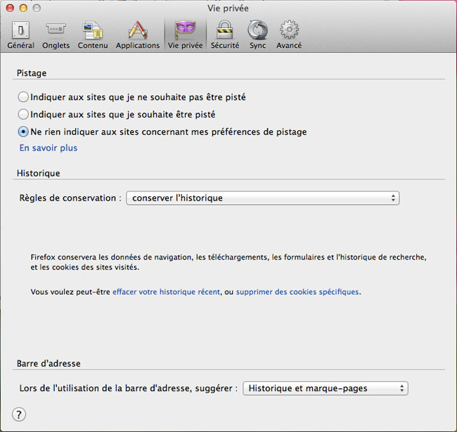 Onglet Vie privée de FireFox sous MAC