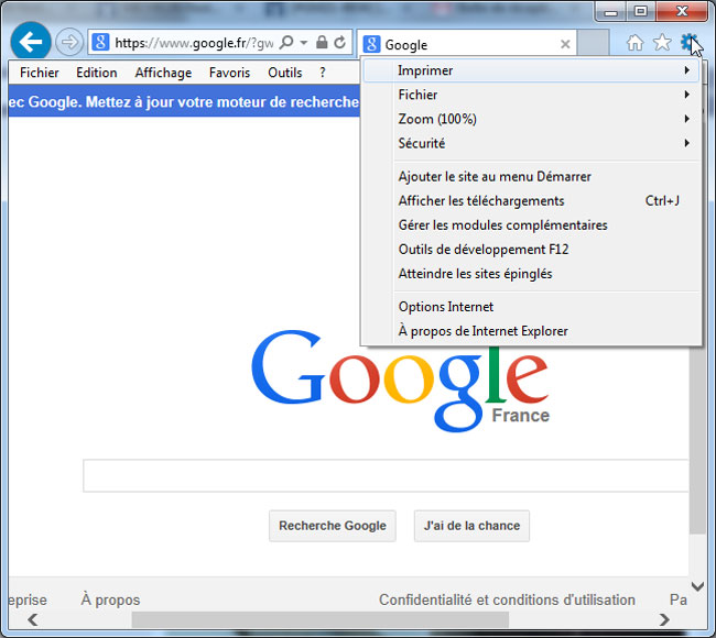 Ouvrir les Options Internet d'IE10 sous Windows