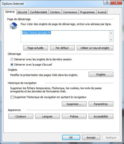 Onglet général des Options Internet d’IE10 sous Windows