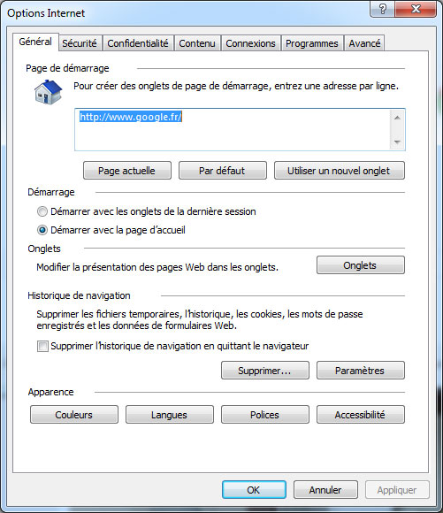 Onglet général des Options Internet d'IE10 sous Windows