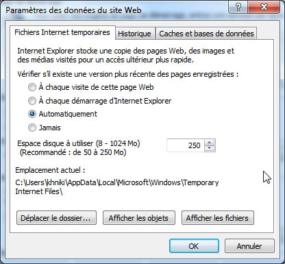 Paramètres des données du site Web d'IE10 sous Windows