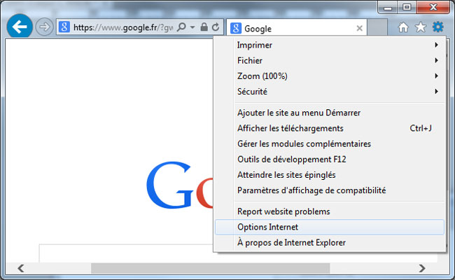 Ouvrir les options Internet d'IE11 sous Windows