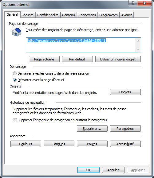 Onglet général des options internet d'IE11 sous Windows