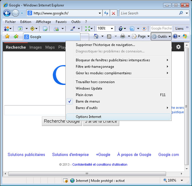 Ouvrir les Options Internet d’IE7 sous Windows