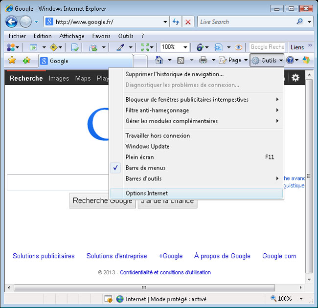 Ouvrir les Options Internet d'IE7 sous Windows