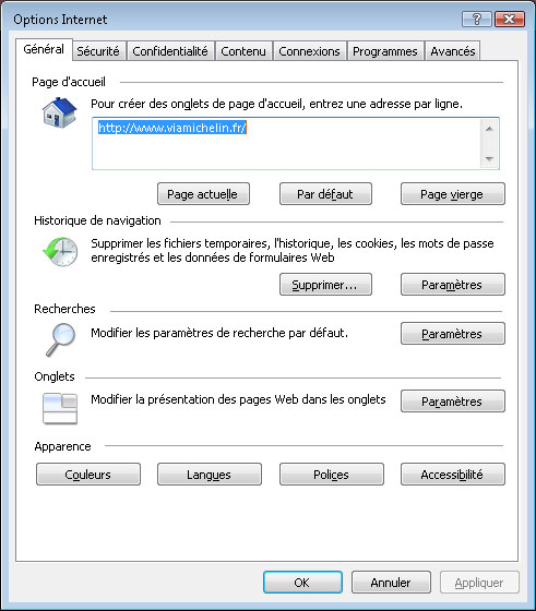 Onglet Général des Options Internet d’IE7 sous Windows