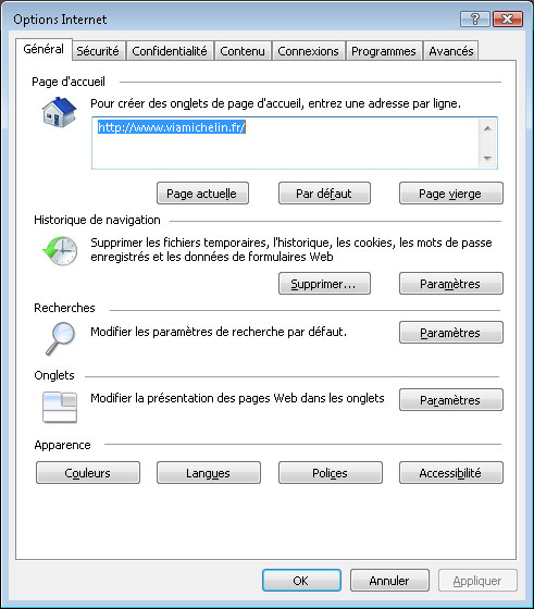 Onglet Général des Options Internet d'IE7 sous Windows