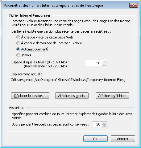 Paramètres des fichiers Internet temporaires et de l'historique d'IE7 sous Windows