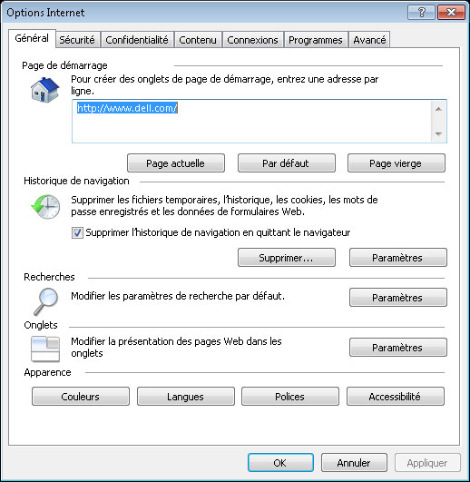 Onglet Général des Options Internet d’IE8 sous Windows