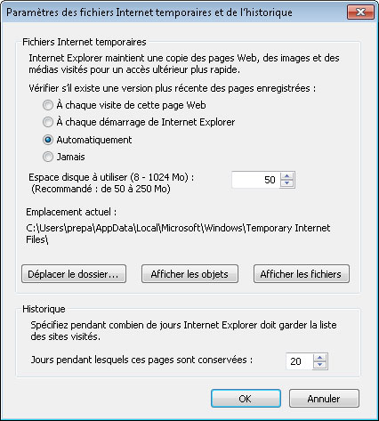 Paramètres des fichiers Internet temporaires et de l'historique d'IE8 sous Windows