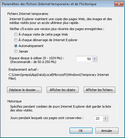 Paramètres des fichiers Internet temporaires et de l’historique d’IE8 sous Windows