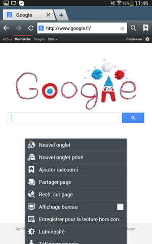 Menu de l’application (par défaut) navigateur sous Android
