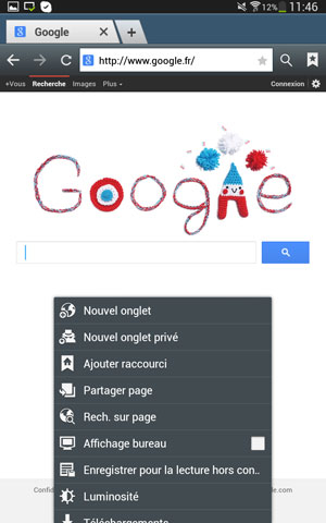 Menu de l'application (par défaut) navigateur sous Android