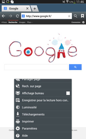 Partie inférieure du Menu de l’application (par défaut) navigateur sous Android