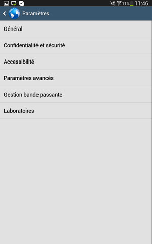 Panneau des paramètres de l'application (par défaut) navigateur sous Android