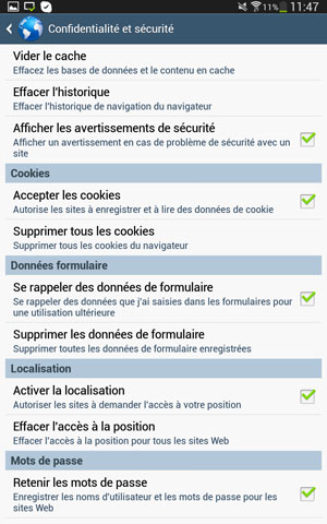 Confidentialité et sécurité de l'application (par défaut) navigateur sous Android