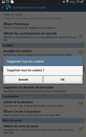Confirmation de la suppression des cookies de l’application (par défaut) navigateur sous Android