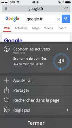 étape 2 : comment vider le cache du navigateur mobile Opera sur iPhone Menu général d’Opera sur iPhone