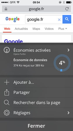 Menu général d'Opera sur iPhone