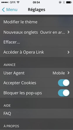 Menu réglages d'Opera sur iPhone