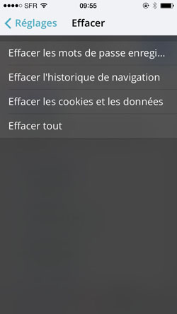 Panneau suppression des données d'Opera sur iPhone