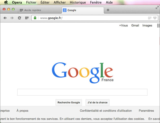 Fenêtre principale du navigateur Opera sous MAC