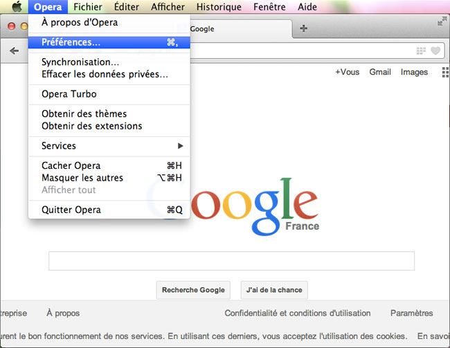Ouvrir les Préférences d’Opera sous MAC